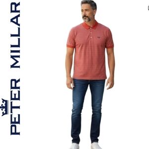 Peter Millar Coral Red Stripe Quail Ridge Polo Shirt. Medium.